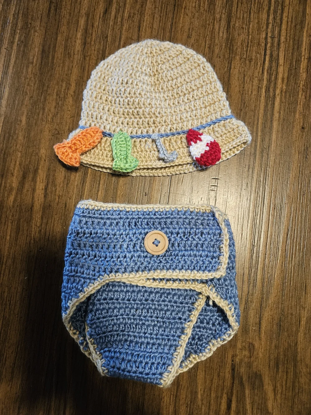 Crochet Beach Hat and Diaper Cover Set in Cream and Blue